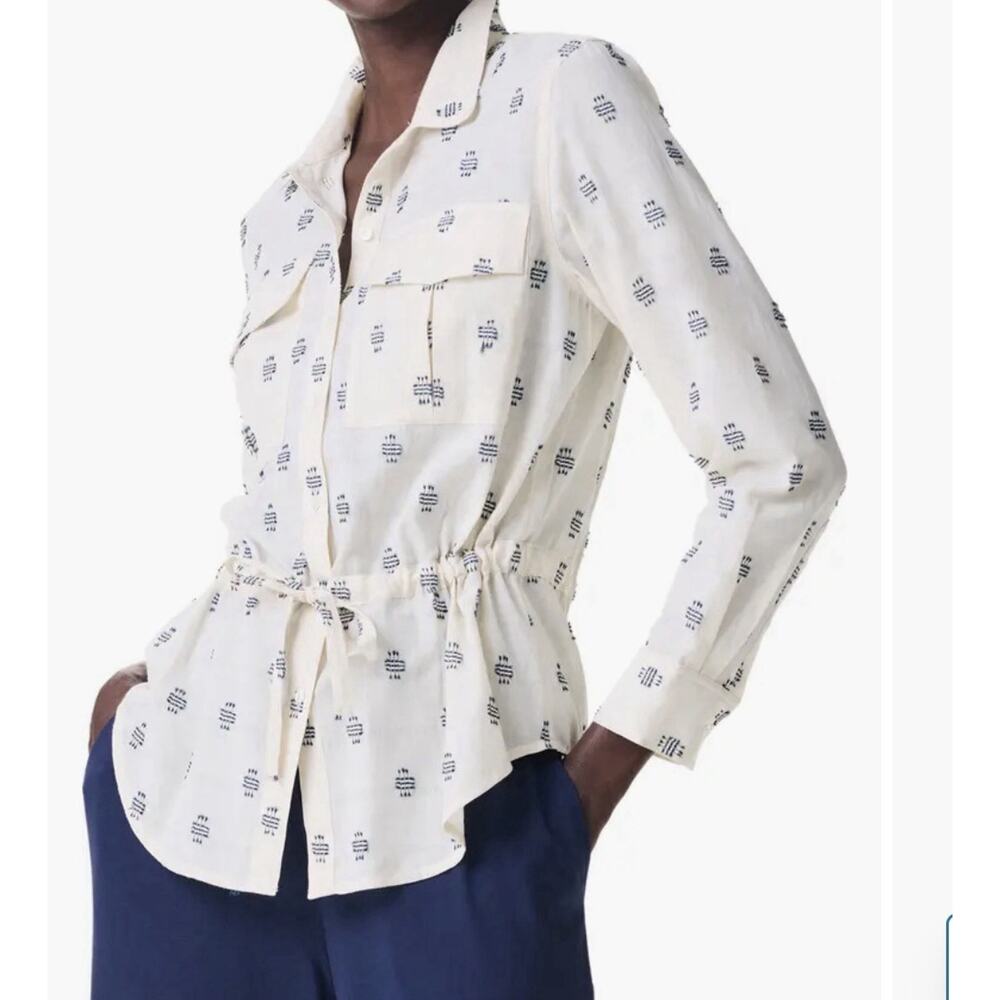 NIC+ZOE Geometric Print Ivory Navy Collared Button Tunic Blouse Long Sleeve S